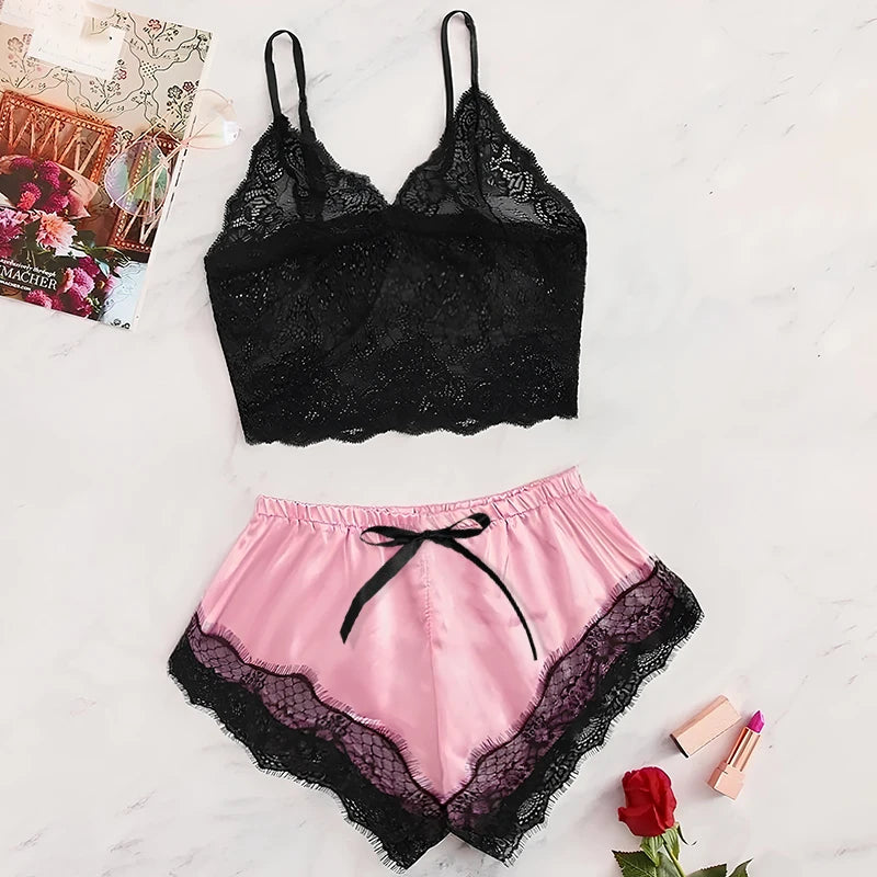 New Sexy Lace See-Through Pajamas Black Pink