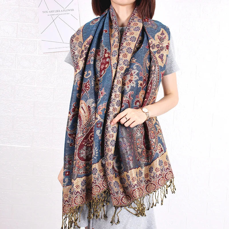 Paisley Pashmina Shawl Jacquard Flowers Borders Female Tassel Blanket Wraps Ethnic Shawls