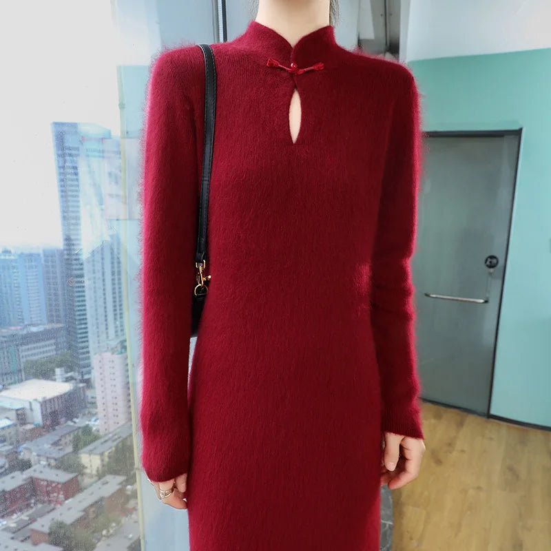 100% Cashmere Dress Women's Stand up collar Pullover Long Skirt Slim Fit Fashion