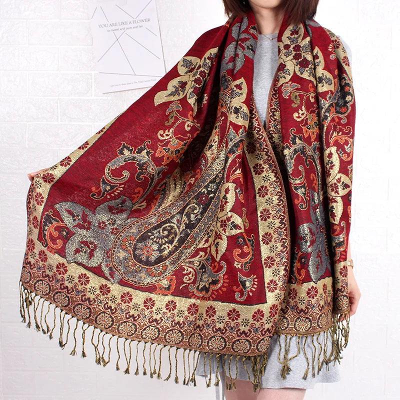 Paisley Pashmina Shawl Jacquard Flowers Borders Female Tassel Blanket Wraps Ethnic Shawls