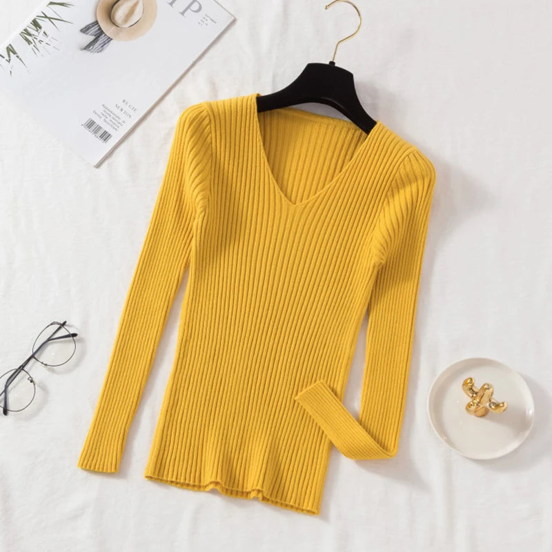 Lony Sleeve Knitted V Neck Pullover Sweater