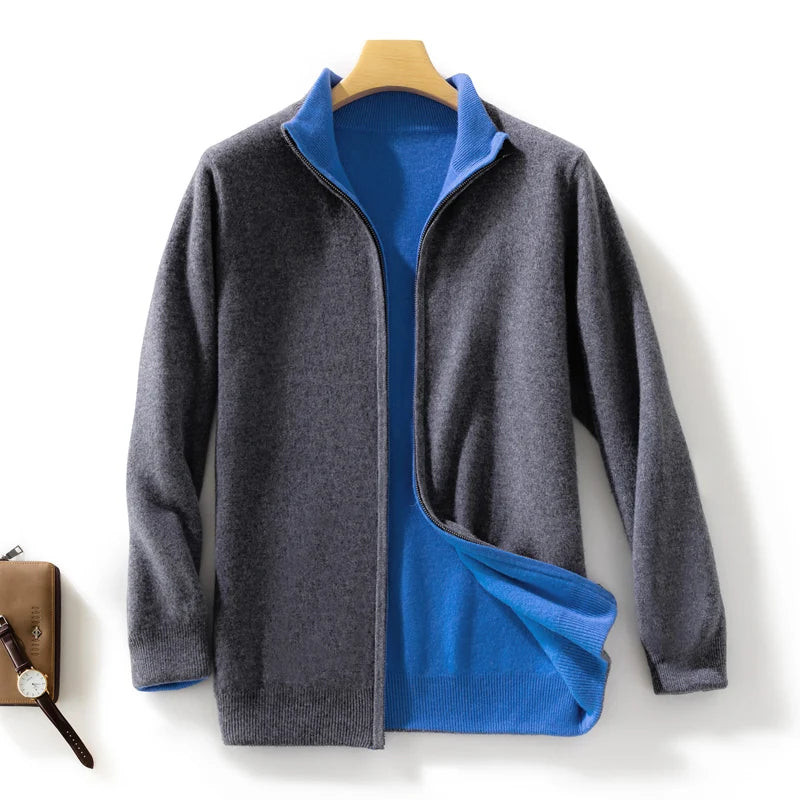 Men's 100% Cashmere Sweater - Reversible Zipper Cardigan