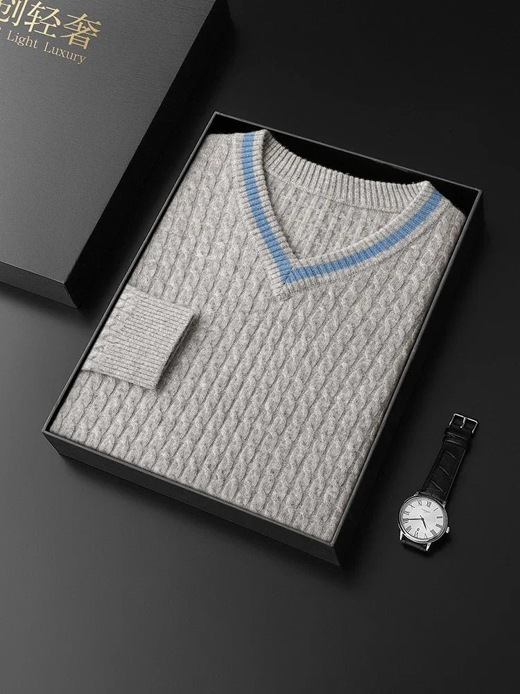 Pull col V en cachemire pour homme – Maille contrastée