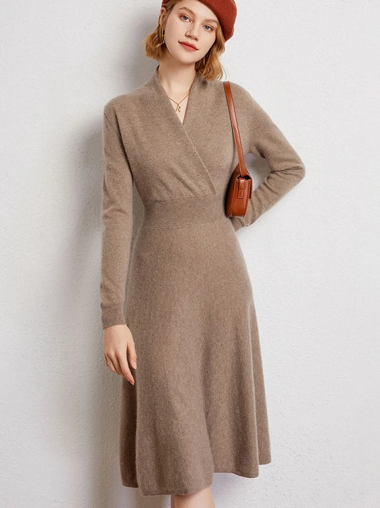 Women's 100% Cashmere V-Neck Dress Sweater