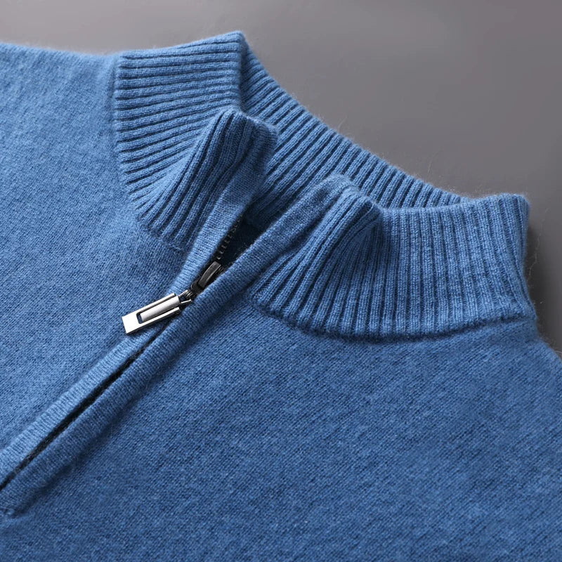 100% Goat Cashmere Men Mock-neck Sweater Zipper Pullovers