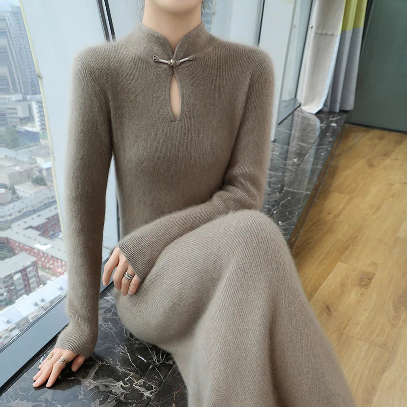 100% Cashmere Dress Women's Stand up collar Pullover Long Skirt Slim Fit Fashion