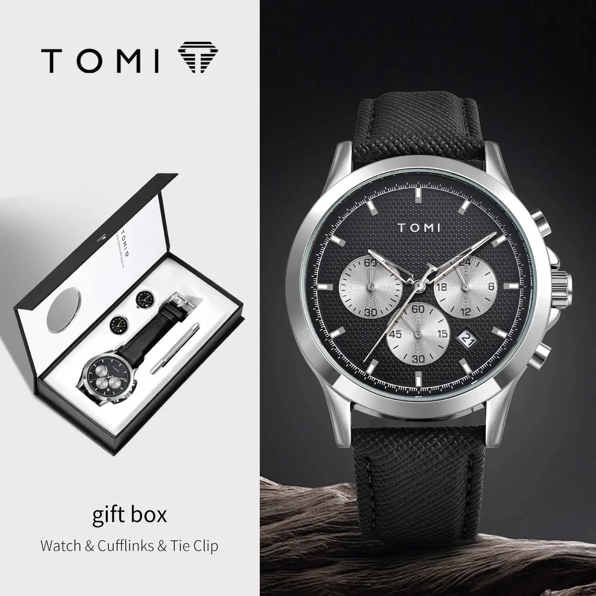 Men's Watch Gift Set with Cufflinks & Tie Clip
