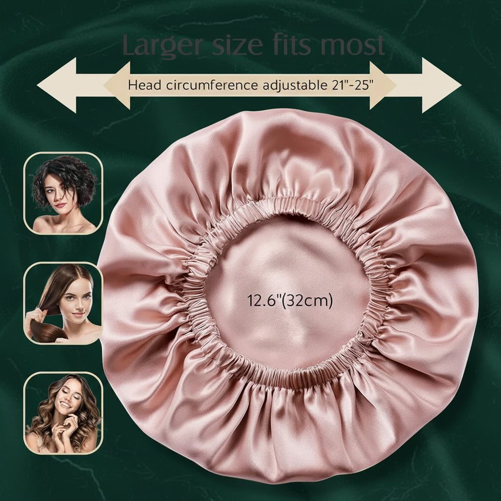 A satin sleep cap in a dusty pink color, shown with dimension lines indicating a 12.6-inch (32 cm) head circumference and text stating 'Larger size fits most' and 'Head circumference adjustable 21"-25"'.