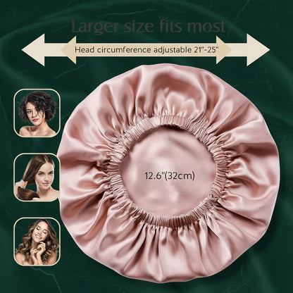 A satin sleep cap in a dusty pink color, shown with dimension lines indicating a 12.6-inch (32 cm) head circumference and text stating 'Larger size fits most' and 'Head circumference adjustable 21"-25"'.