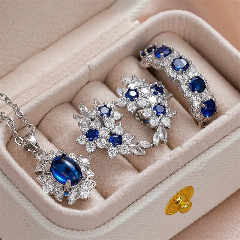 Royal Blue Crystal Jewelry Set: Necklace, Earrings & Ring