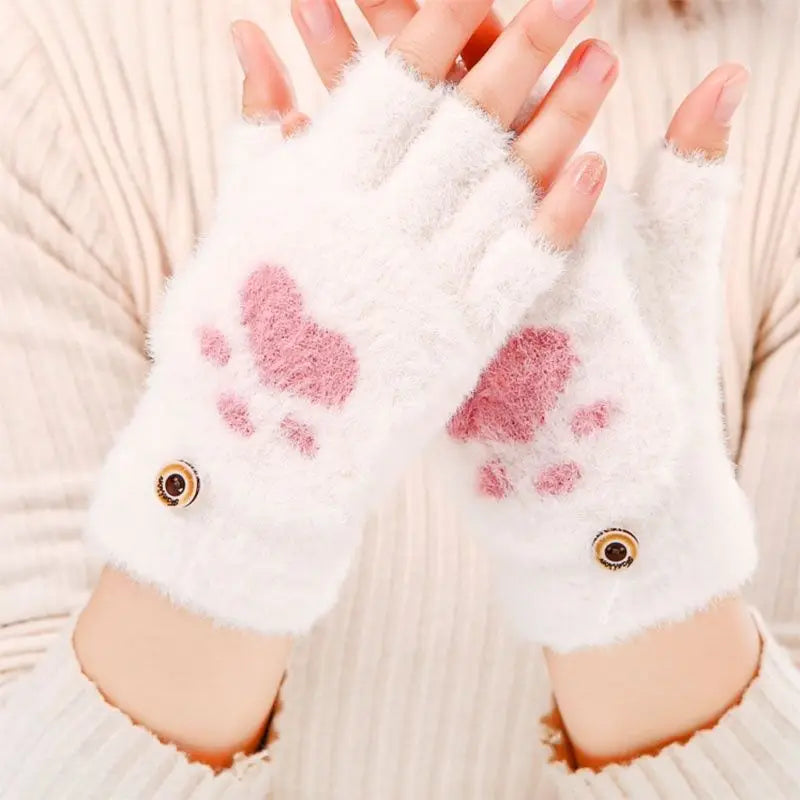 Thicken Women Warm Cat Gloves Fashion Girls Cat Claw Paw Plush Mittens Soft Plush Short Fingerless Half Finger Winter Gloves