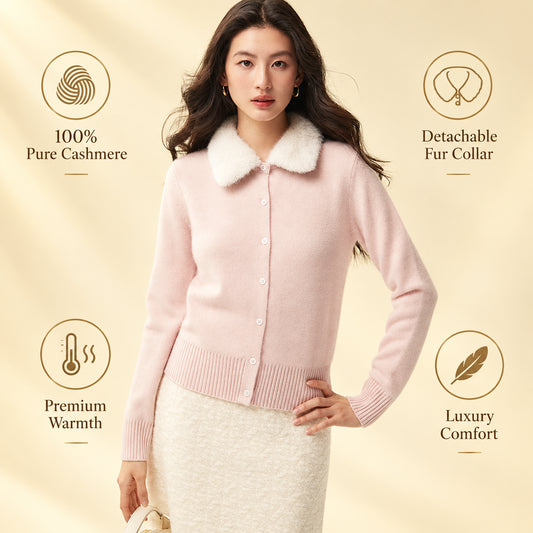 Women's Cashmere Cardigan with Detachable Fur Collar