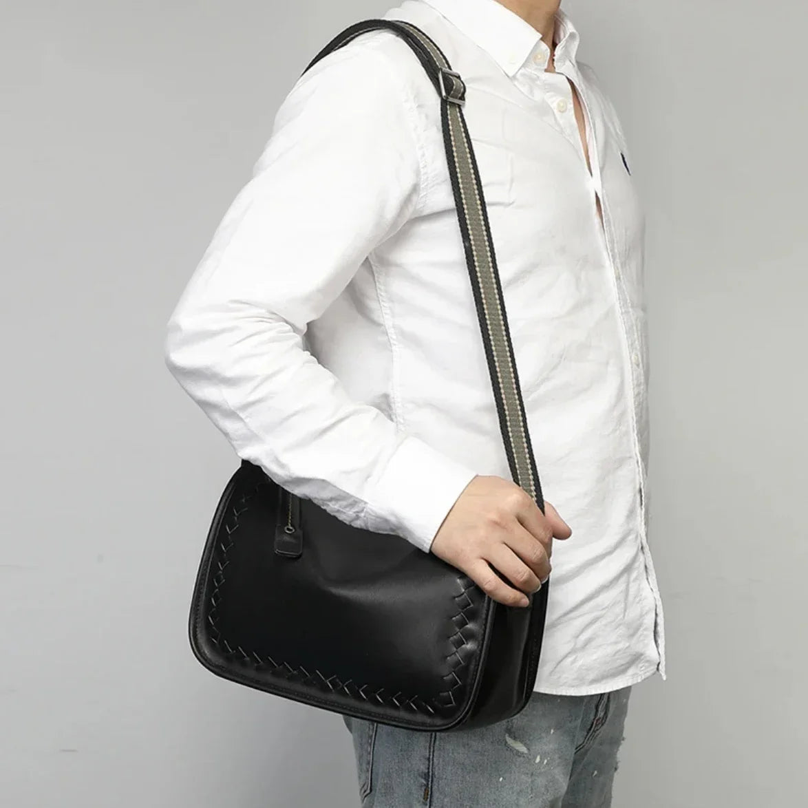 Genuine Leather Shoulderr Bag for Man Zipper Side Bag