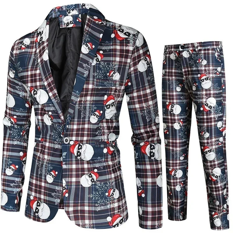 Men Tuxedo Suits Christmas 2 Piece Regular Fit Suit santa print balzer jacket pants