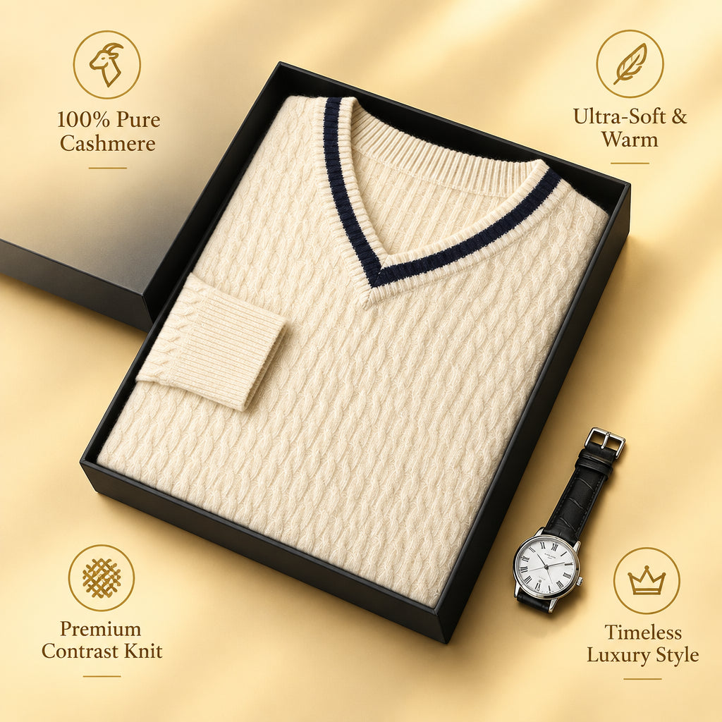 Pull col V en cachemire pour homme – Maille contrastée