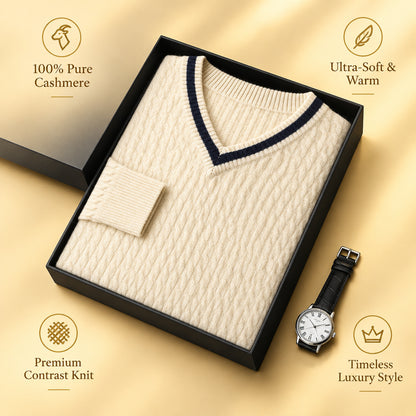 Pull col V en cachemire pour homme – Maille contrastée