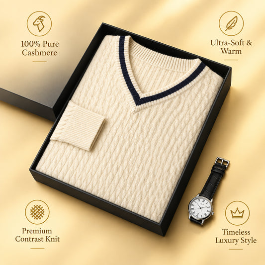 Men's Cashmere V-Neck Sweater – Contrast Knit