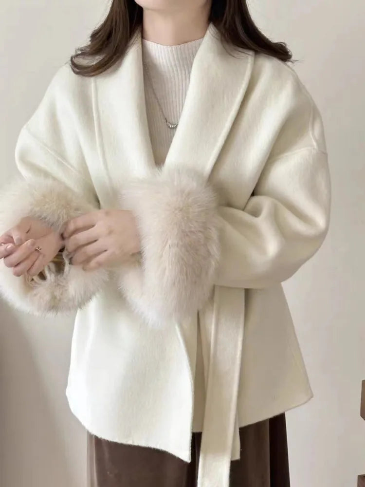Short Lace-Up Cashmere Wool Coat