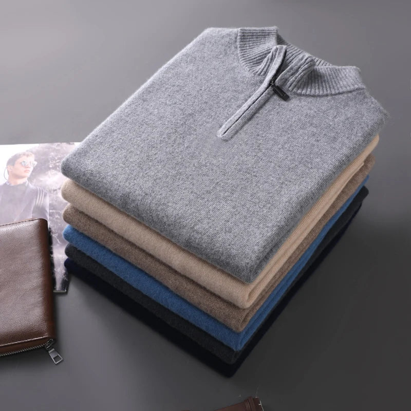 100% Goat Cashmere Men Mock-neck Sweater Zipper Pullovers