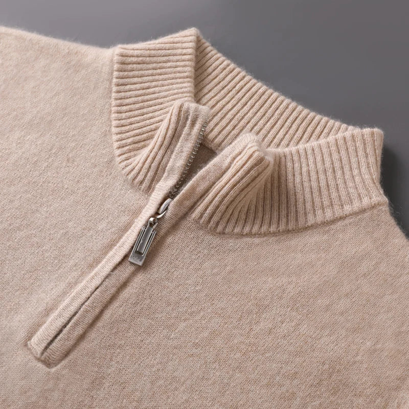 100% Goat Cashmere Men Mock-neck Sweater Zipper Pullovers