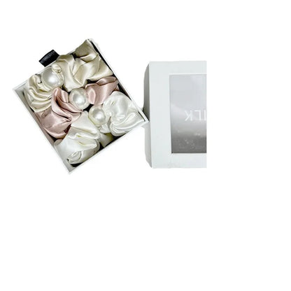 22 Momme Silk Scrunchie – Pink, White & Rose Gold