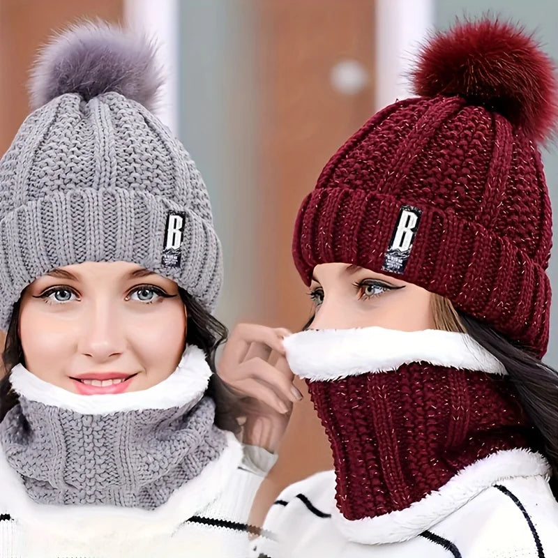 2PCS winter warm knit hat set Winter hat thick plush windproof cold casual warm hat scarf