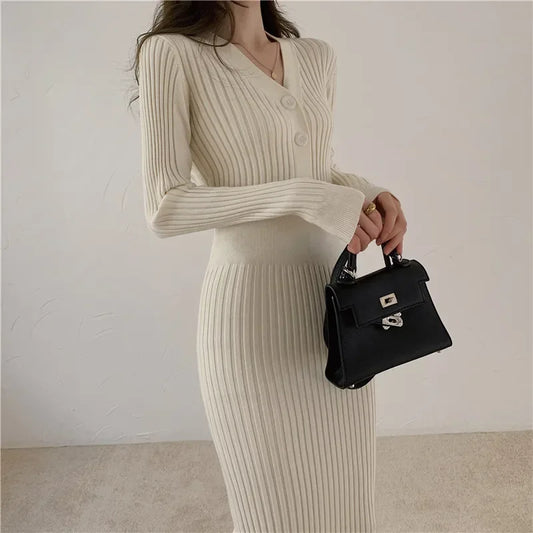 Women Buttons Sweater Dress Long Sleeve Elegant