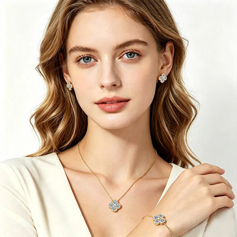 925 Sterling Silver Four-Leaf Moissanite Jewelry Set