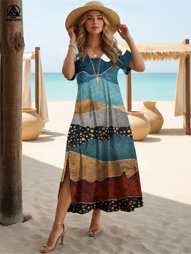 Marble Patchwork Color Summer Slit Dress – Elegant and Versatile for Every Occasion