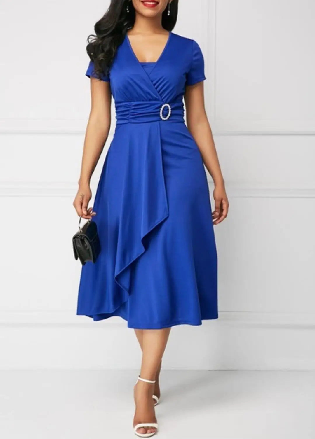 Summer Dresses Elegant Women Solid Color Short Sleeve V-Neck Asymmetric Hem Waist-Tight Midi Party Dress