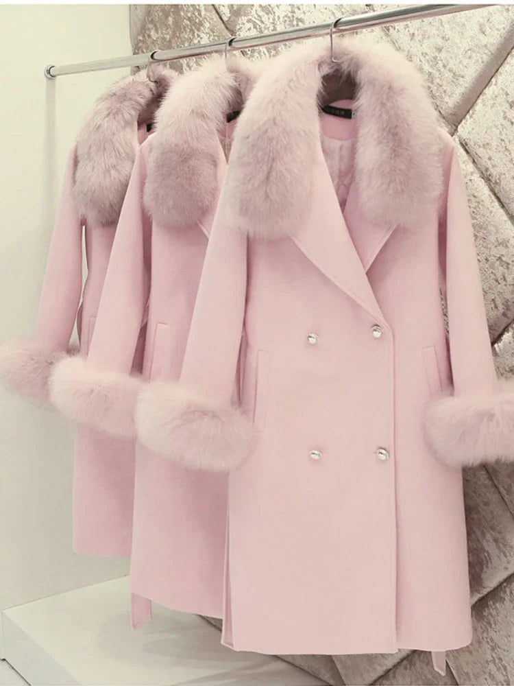 Women Pink woolen cloth Blend Coat 2024 Autumn Winter Double Breasted Mid Length Wool Outwear Korean Loose Femael Overcoat Tide