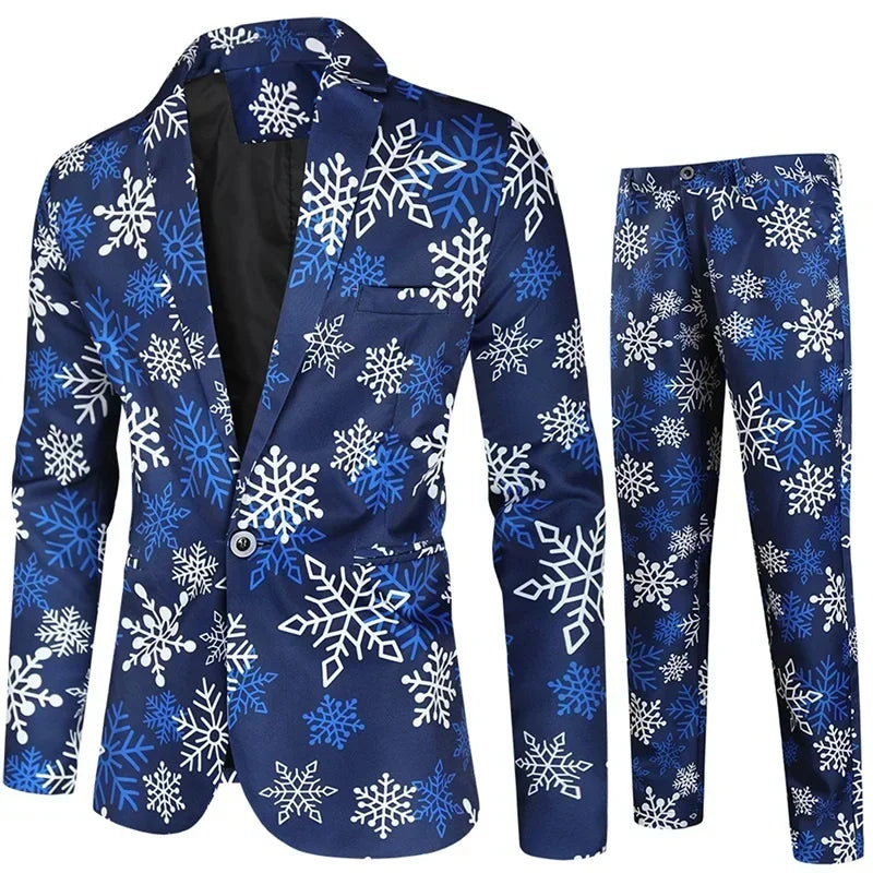 Men Tuxedo Suits Christmas 2 Piece Regular Fit Suit santa print balzer jacket pants