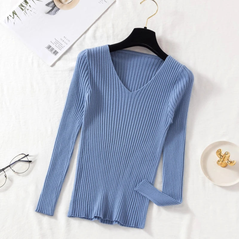 Lony Sleeve Knitted V Neck Pullover Sweater