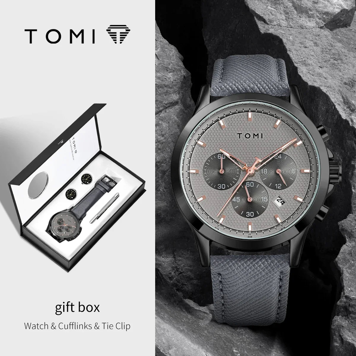 Men's Watch Gift Set with Cufflinks & Tie Clip