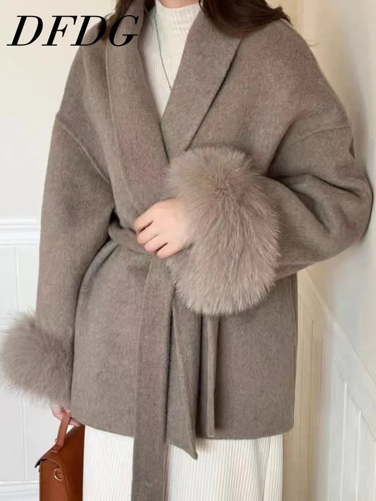 Short Lace-Up Cashmere Wool Coat