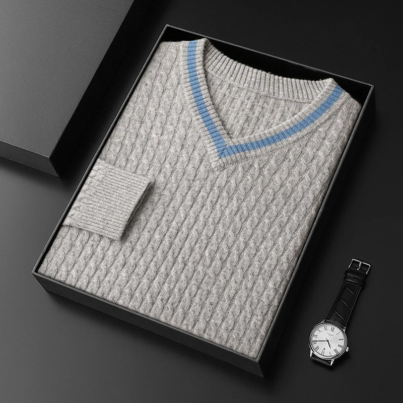 Pull col V en cachemire pour homme – Maille contrastée