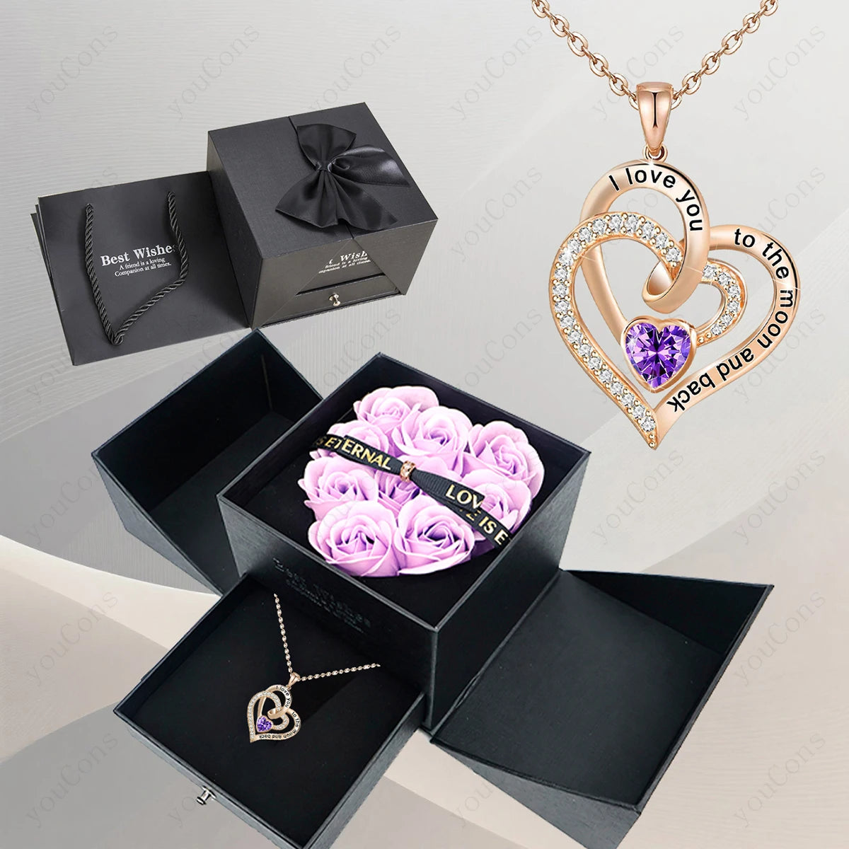 Heart Zircon Pendant Necklace with Rose Gift Box