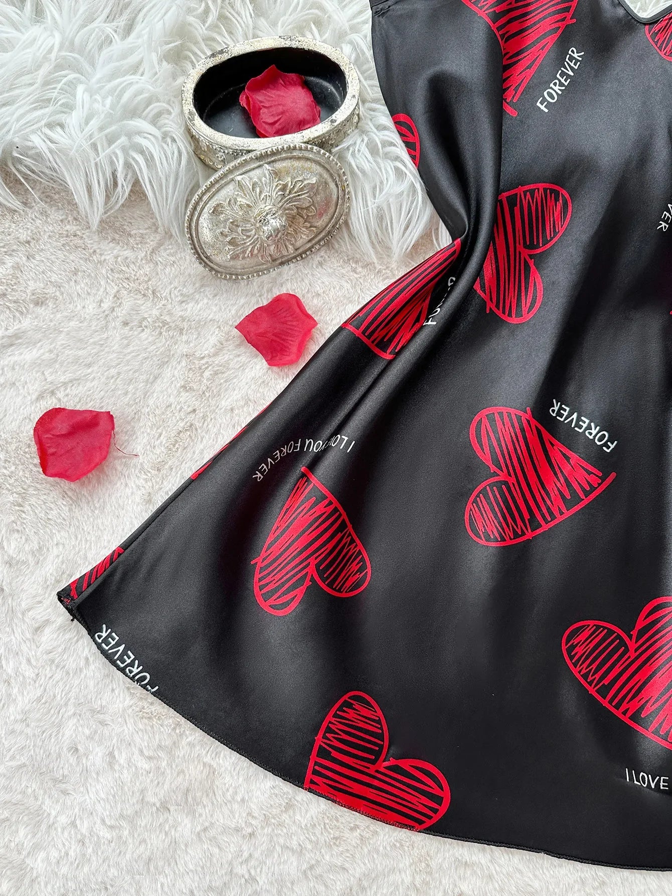 Valentine's Day Red Lip Print Satin Slip Nightdress - Women's Pajamas