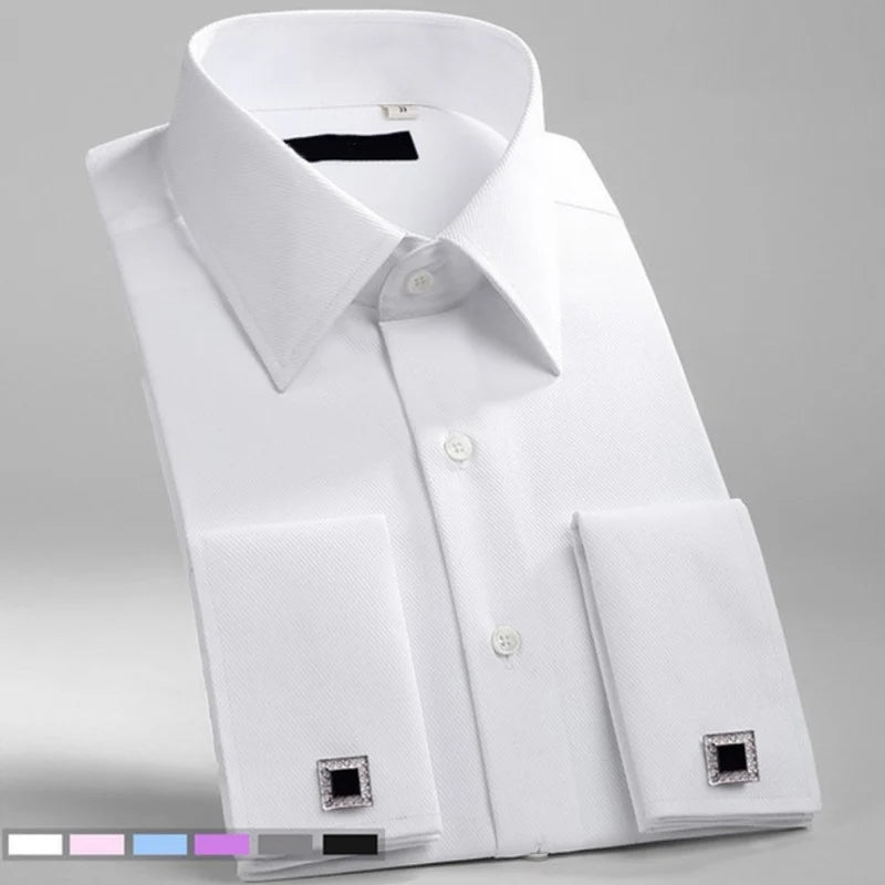 French Cuff Cufflinks Solid Color Long Sleeve Shirt Men