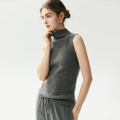 Pull sans manches col roulé en cachemire pour femme