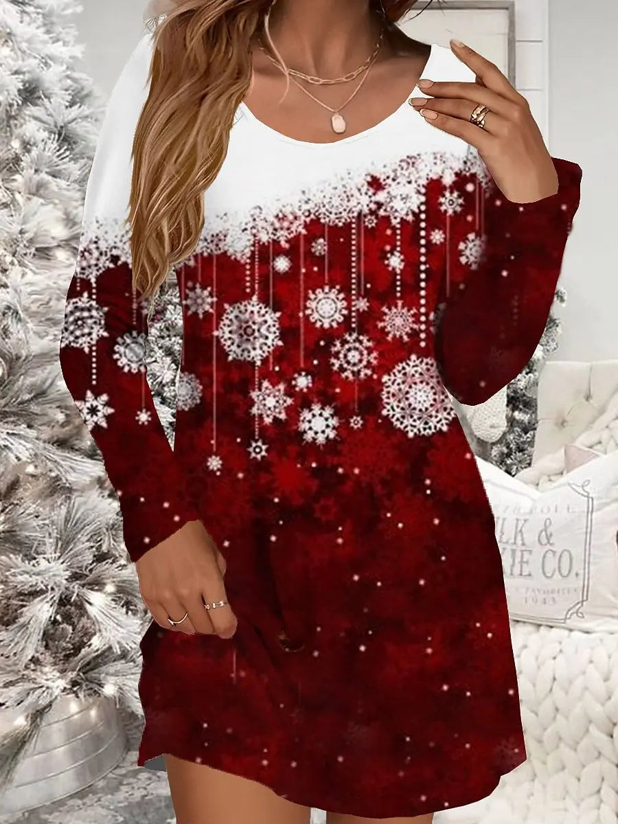 Women's Red Christmas Dress Casual Christmas Print Mini Dress