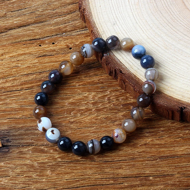 Nature Coffee Agates Stripes Onyx Bracelets Men Coffee Onyx Stripe Agates Stone Loose Beads Strand Bracelets for Women (17cm-6.7inch)