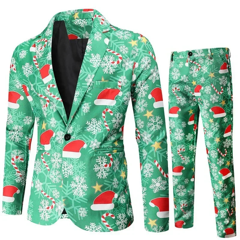 Men Tuxedo Suits Christmas 2 Piece Regular Fit Suit santa print balzer jacket pants