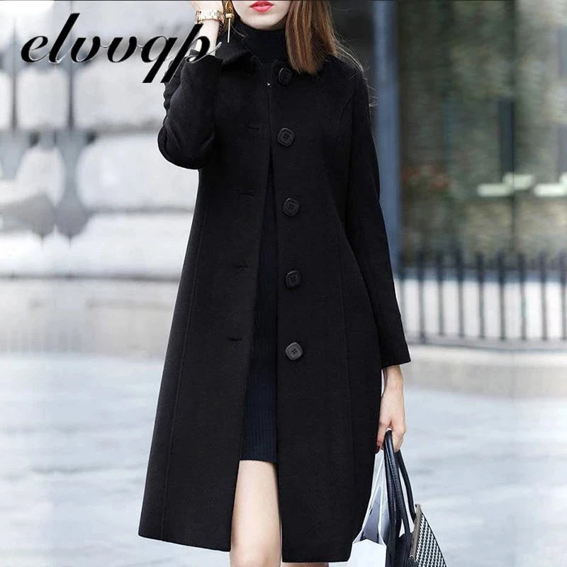 New Fashion British Solid Button Wool Coat Women