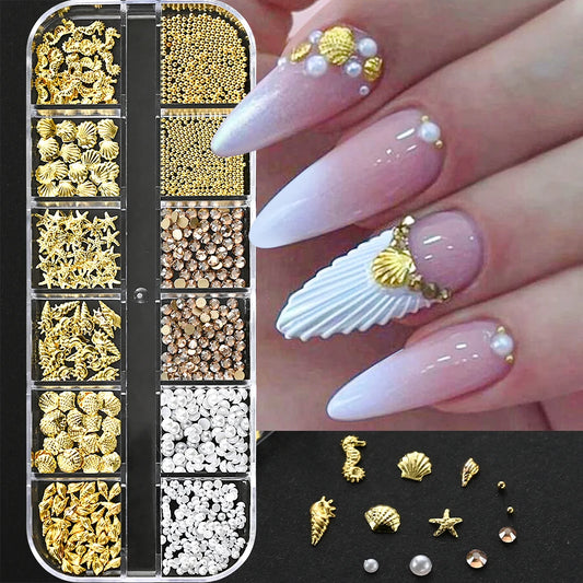 Ocean Gold Nail Art Charms – 12 Grids 3D Shell & Studs