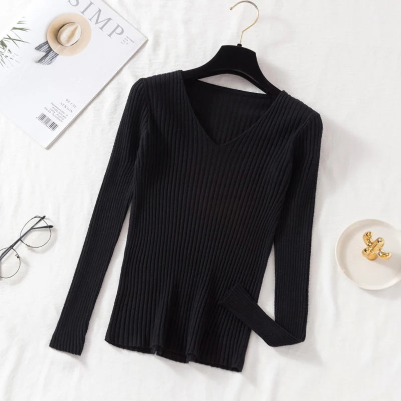 Lony Sleeve Knitted V Neck Pullover Sweater