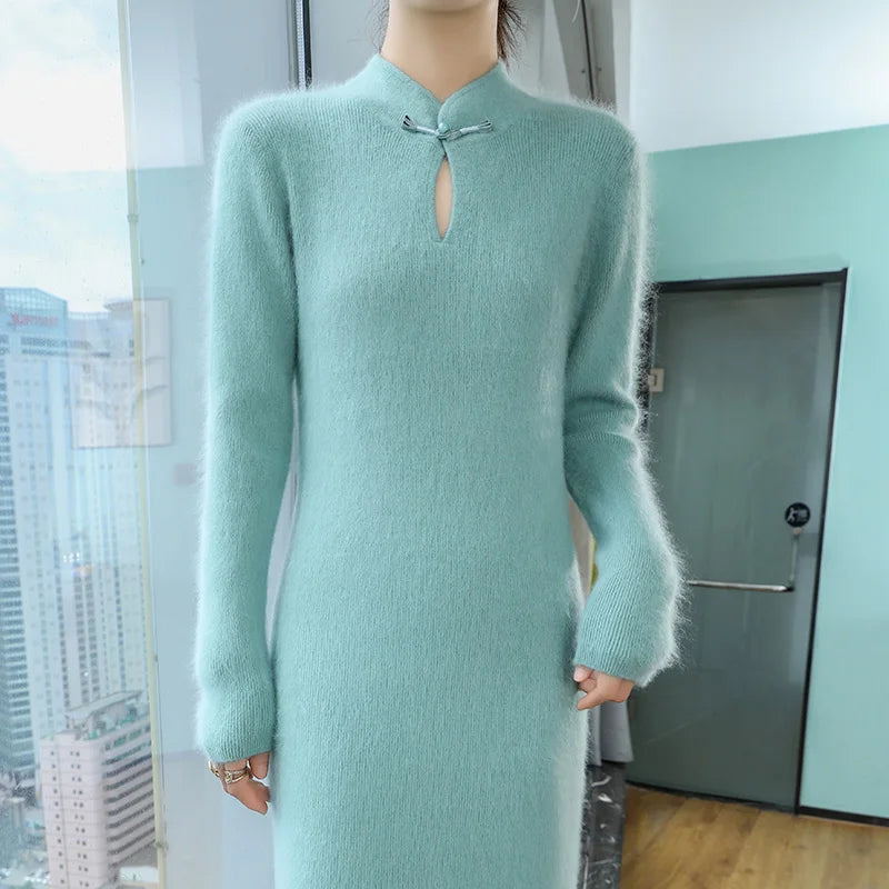 100% Cashmere Dress Women's Stand up collar Pullover Long Skirt Slim Fit Fashion