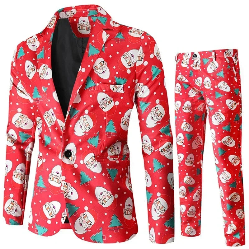 Men Tuxedo Suits Christmas 2 Piece Regular Fit Suit santa print balzer jacket pants