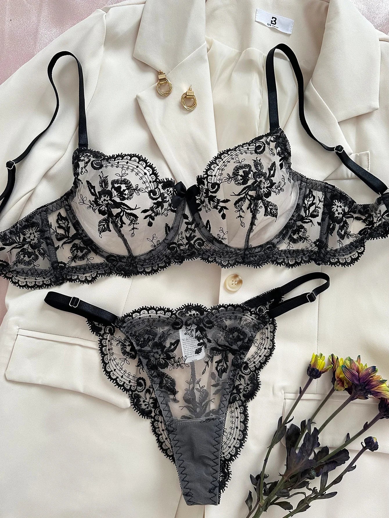 Women Lingerie - Embroidery Floral Lace Set