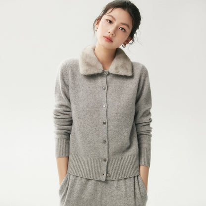 Kaschmir-Cardigan für Damen mit abnehmbarem Pelzkragen